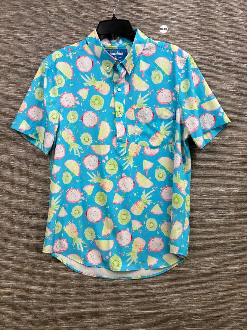 Chubbies Hawaiian Polo Shirt Mens Size M Blue Fruit Pineapple Print Stretch